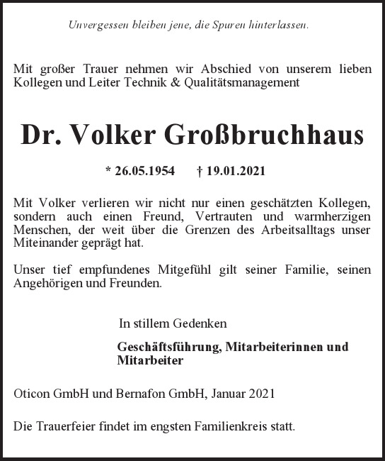 Traueranzeige von Volker Großbruchhaus von Hamburger Tageszeitungen und Anzeigenblättern der FUNKE Mediengruppe