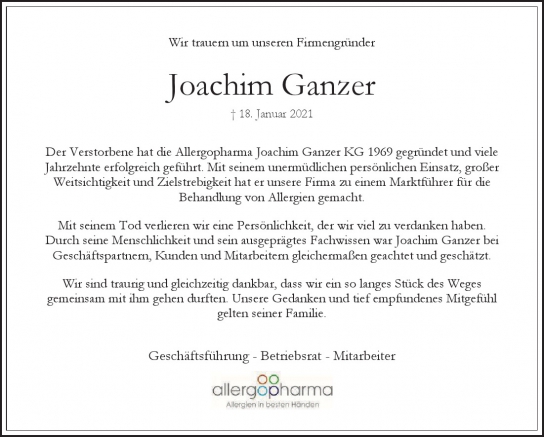 Traueranzeige von Joachim Ganzer von Hamburger Tageszeitungen und Anzeigenblättern der FUNKE Mediengruppe