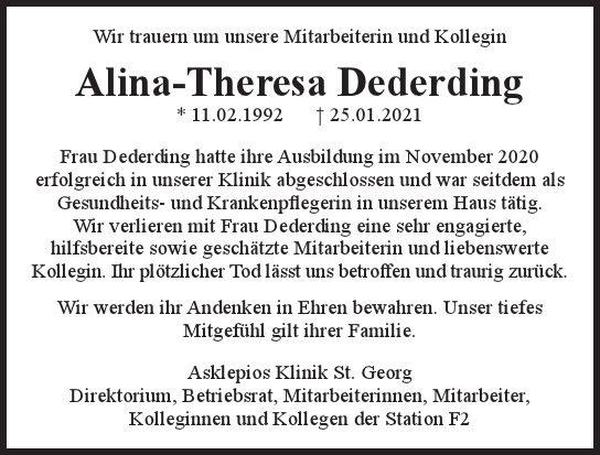 Traueranzeige von Alina-Theresa Dederding von Hamburger Tageszeitungen und Anzeigenblättern der FUNKE Mediengruppe