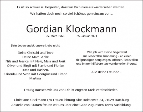 Traueranzeige von Gordian Klockmann von Hamburger Tageszeitungen und Anzeigenblättern der FUNKE Mediengruppe