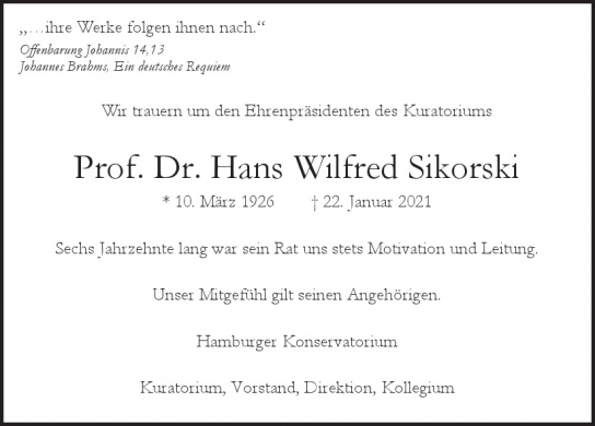 Traueranzeige von Hans Wilfred Sikorski von Hamburger Tageszeitungen und Anzeigenblättern der FUNKE Mediengruppe