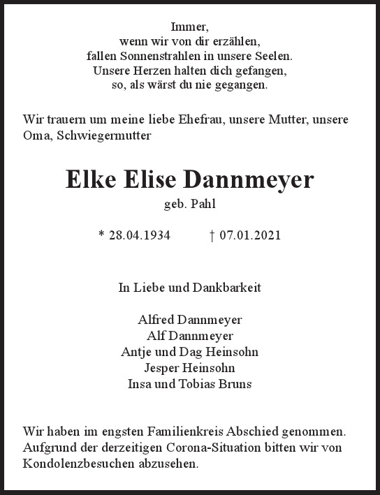 Traueranzeige von Elke Elise Dannmeyer von Hamburger Tageszeitungen und Anzeigenblättern der FUNKE Mediengruppe