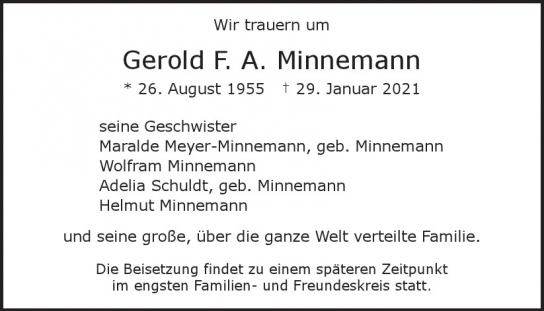 Traueranzeige von Gerold F. A. Minnemann von Hamburger Tageszeitungen und Anzeigenblättern der FUNKE Mediengruppe