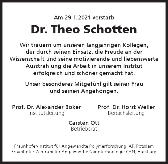 Traueranzeige von Theo Schotten von Hamburger Tageszeitungen und Anzeigenblättern der FUNKE Mediengruppe