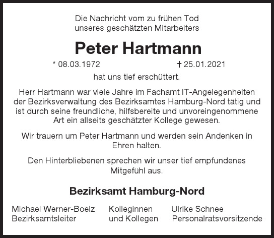 Traueranzeige von Peter Hartmann von Hamburger Tageszeitungen und Anzeigenblättern der FUNKE Mediengruppe