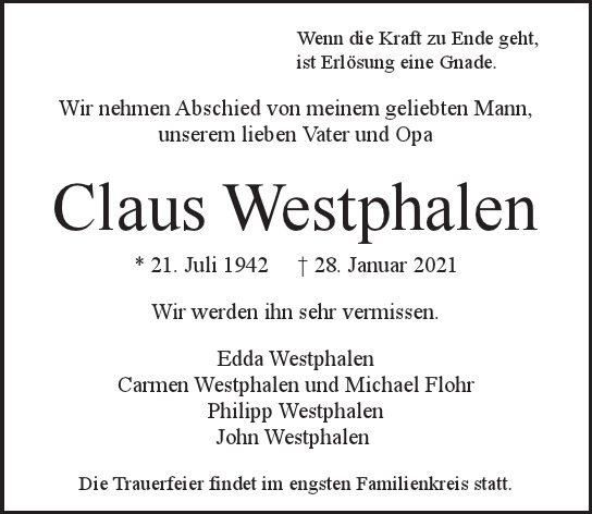 Traueranzeige von Claus Westphalen von Hamburger Tageszeitungen und Anzeigenblättern der FUNKE Mediengruppe