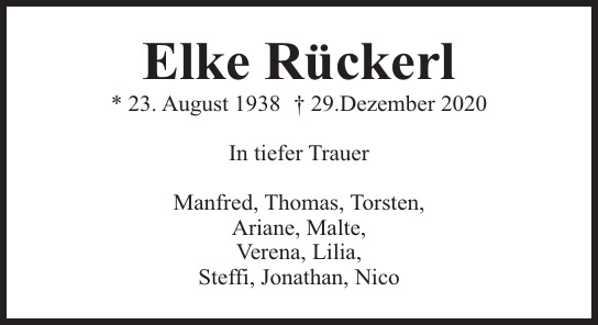 Traueranzeige von Elke Rückerl von Hamburger Tageszeitungen und Anzeigenblättern der FUNKE Mediengruppe
