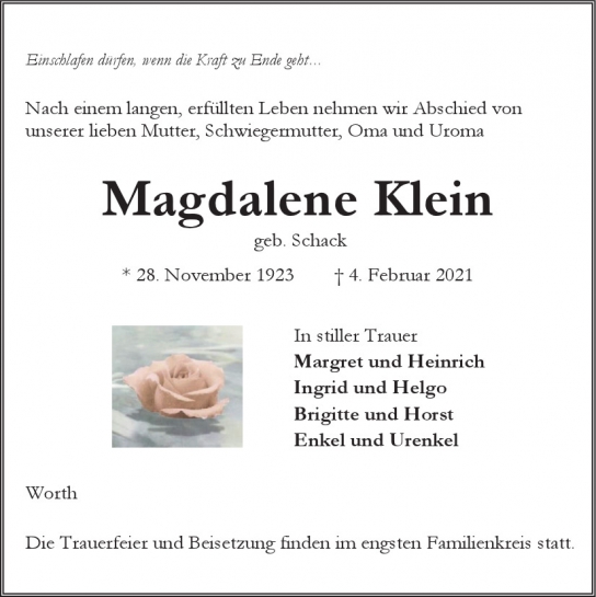 Traueranzeige von Magdalene Klein  von Hamburger Tageszeitungen und Anzeigenblättern der FUNKE Mediengruppe