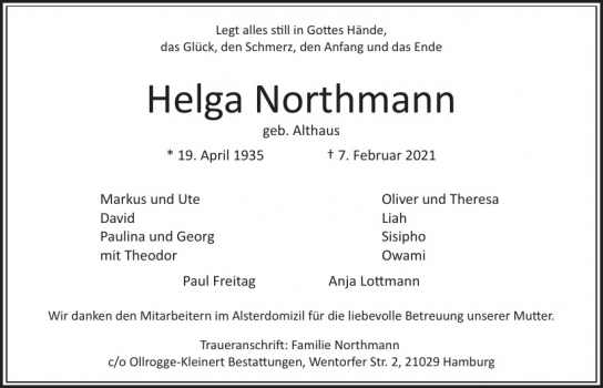 Traueranzeige von Helga  Northmann  von Hamburger Tageszeitungen und Anzeigenblättern der FUNKE Mediengruppe