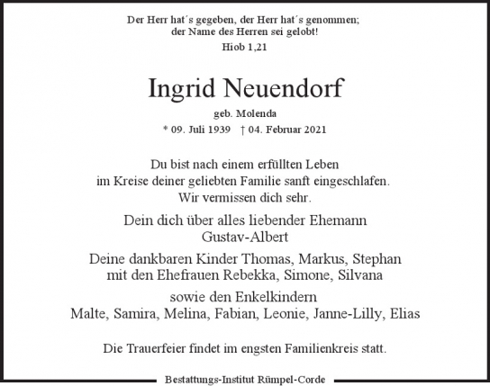 Traueranzeige von Ingrid Neuendorf  von Hamburger Tageszeitungen und Anzeigenblättern der FUNKE Mediengruppe