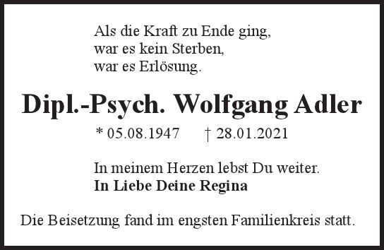 Traueranzeige von Wolfgang  Adler  von Hamburger Tageszeitungen und Anzeigenblättern der FUNKE Mediengruppe