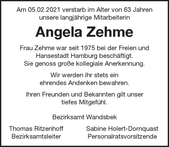 Traueranzeige von Angela  Zehme  von Hamburger Tageszeitungen und Anzeigenblättern der FUNKE Mediengruppe