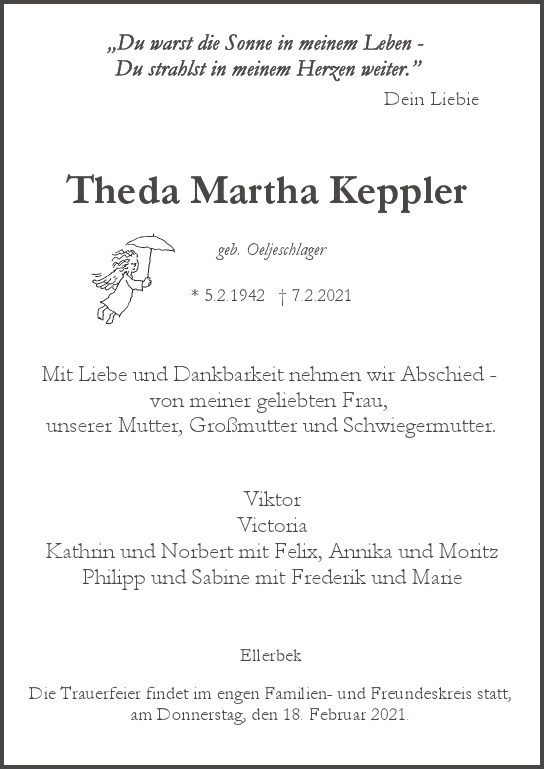 Traueranzeige von Theda Martha Keppler  von Hamburger Tageszeitungen und Anzeigenblättern der FUNKE Mediengruppe