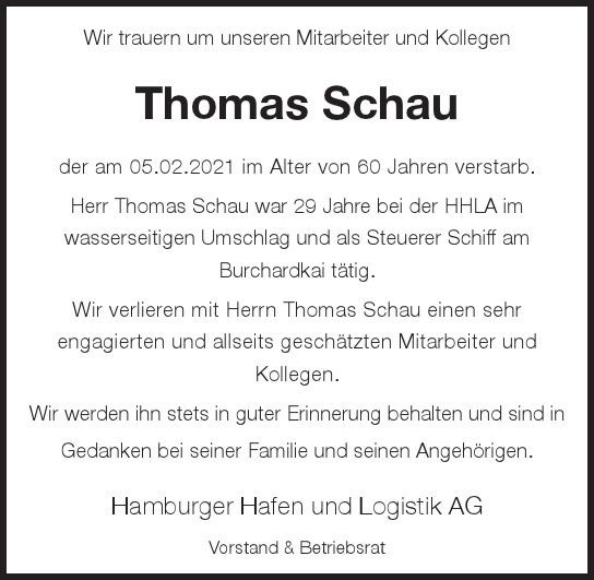 Traueranzeige von Thomas  Schau  von Hamburger Tageszeitungen und Anzeigenblättern der FUNKE Mediengruppe