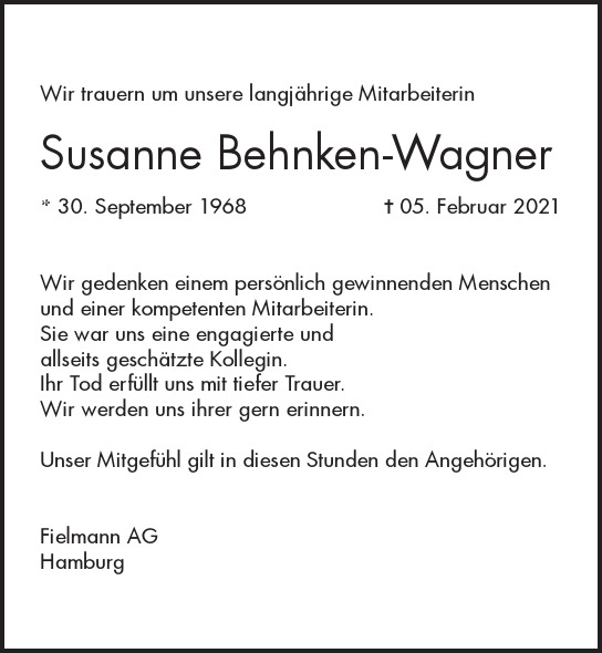 Traueranzeige von Susanne  Behnken-Wagner  von Hamburger Tageszeitungen und Anzeigenblättern der FUNKE Mediengruppe