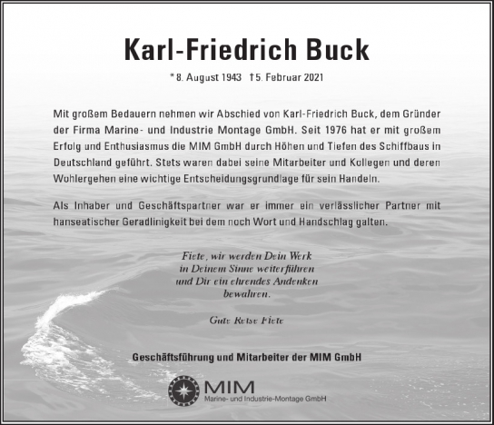 Traueranzeige von Karl-Friedrich Buck  von Hamburger Tageszeitungen und Anzeigenblättern der FUNKE Mediengruppe