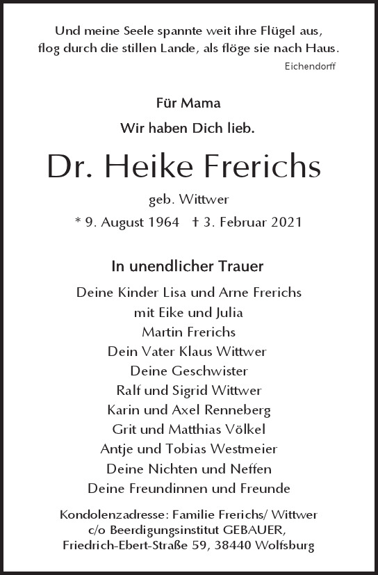 Traueranzeige von Heike  Frerichs  von Hamburger Tageszeitungen und Anzeigenblättern der FUNKE Mediengruppe