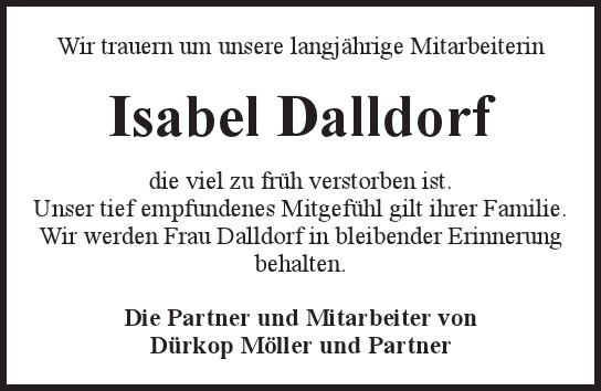 Traueranzeige von Isabel  Dalldorf  von Hamburger Tageszeitungen und Anzeigenblättern der FUNKE Mediengruppe