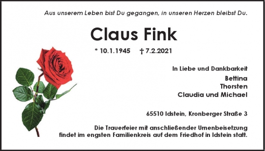 Traueranzeige von Claus  Fink  von Hamburger Tageszeitungen und Anzeigenblättern der FUNKE Mediengruppe