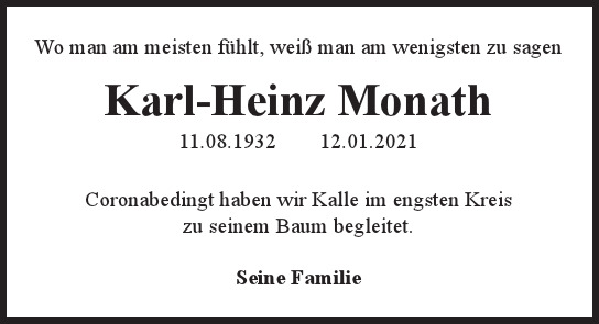 Traueranzeige von Karl-Heinz Monath  von Hamburger Tageszeitungen und Anzeigenblättern der FUNKE Mediengruppe