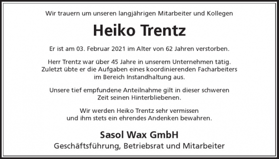 Traueranzeige von Heiko Trentz  von Hamburger Tageszeitungen und Anzeigenblättern der FUNKE Mediengruppe