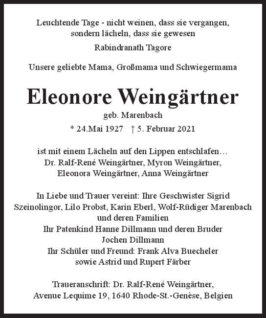 Traueranzeige von Eleonore  Weingärtner  von Hamburger Tageszeitungen und Anzeigenblättern der FUNKE Mediengruppe
