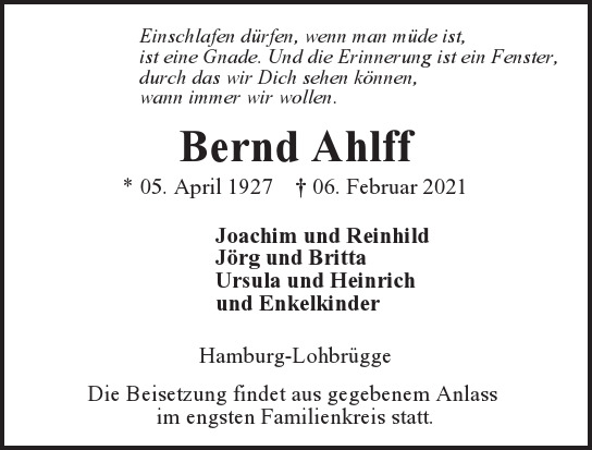 Traueranzeige von Bernd Ahlff  von Hamburger Tageszeitungen und Anzeigenblättern der FUNKE Mediengruppe