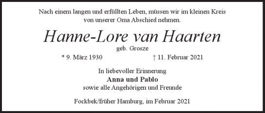 Traueranzeige von Hanne-Lore van Haarten  von Hamburger Tageszeitungen und Anzeigenblättern der FUNKE Mediengruppe