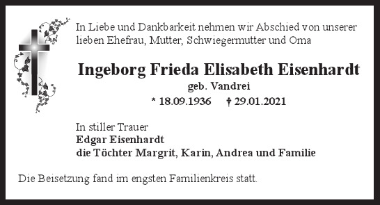 Traueranzeige von Ingeborg Frieda Elisabeth Eisenhardt  von Hamburger Tageszeitungen und Anzeigenblättern der FUNKE Mediengruppe