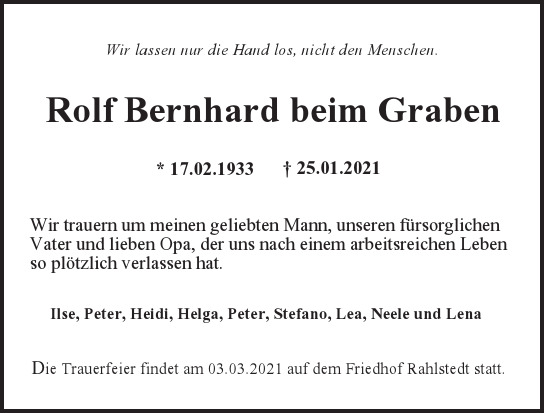 Traueranzeige von Rolf Bernhard beim Graben von Hamburger Tageszeitungen und Anzeigenblättern der FUNKE Mediengruppe