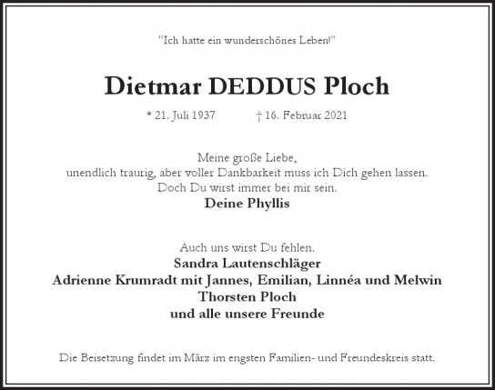 Traueranzeige von Dietmar DEDDUS  Ploch  von Hamburger Tageszeitungen und Anzeigenblättern der FUNKE Mediengruppe