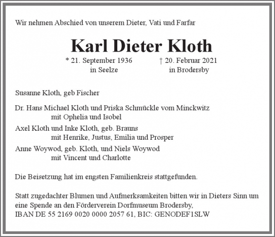 Traueranzeige von Karl Dieter Kloth  von Hamburger Tageszeitungen und Anzeigenblättern der FUNKE Mediengruppe