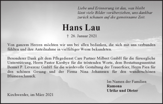 Traueranzeige von Hans Lau  von Hamburger Tageszeitungen und Anzeigenblättern der FUNKE Mediengruppe