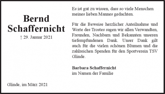 Traueranzeige von Bernd  Schaffernicht  von Hamburger Tageszeitungen und Anzeigenblättern der FUNKE Mediengruppe