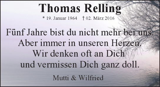 Traueranzeige von Thomas Relling von Hamburger Tageszeitungen und Anzeigenblättern der FUNKE Mediengruppe