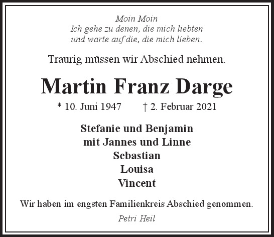 Traueranzeige von Martin Franz Darge  von Hamburger Tageszeitungen und Anzeigenblättern der FUNKE Mediengruppe