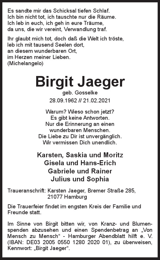 Traueranzeige von Birgit  Jaeger  von Hamburger Tageszeitungen und Anzeigenblättern der FUNKE Mediengruppe