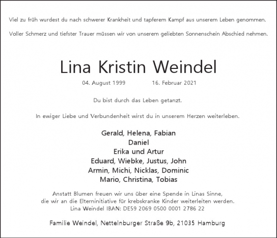 Traueranzeige von Lina Kristin Weindel  von Hamburger Tageszeitungen und Anzeigenblättern der FUNKE Mediengruppe