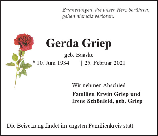 Traueranzeige von Gerda Griep  von Hamburger Tageszeitungen und Anzeigenblättern der FUNKE Mediengruppe