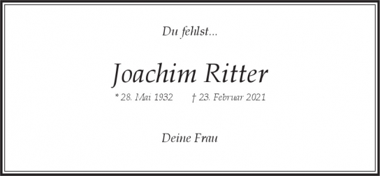 Traueranzeige von Joachim  Ritter  von Hamburger Tageszeitungen und Anzeigenblättern der FUNKE Mediengruppe