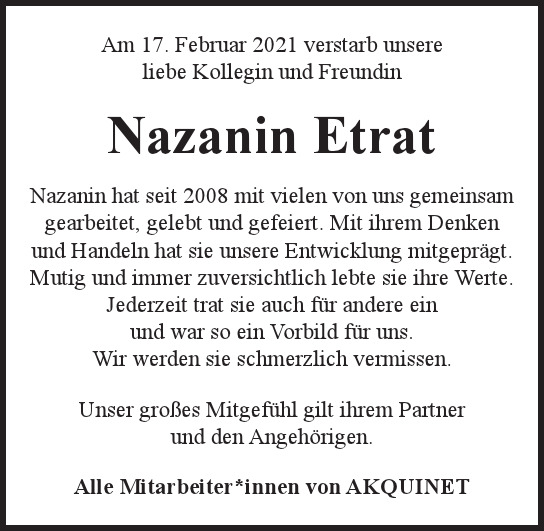 Traueranzeige von Nazanin Etrat von Hamburger Tageszeitungen und Anzeigenblättern der FUNKE Mediengruppe