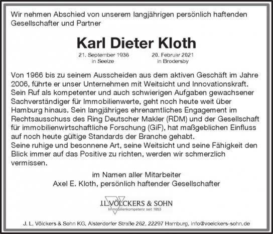 Traueranzeige von Karl Dieter Kloth  von Hamburger Tageszeitungen und Anzeigenblättern der FUNKE Mediengruppe