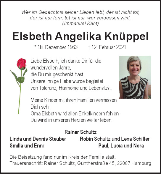 Traueranzeige von Elsbeth Angelika Knüppel  von Hamburger Tageszeitungen und Anzeigenblättern der FUNKE Mediengruppe
