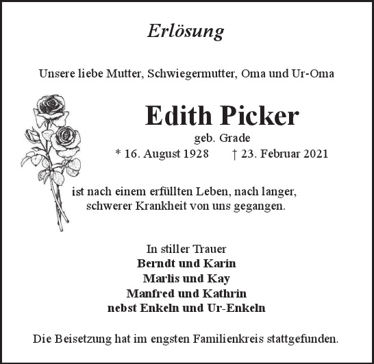 Traueranzeige von Edith Picker  von Hamburger Tageszeitungen und Anzeigenblättern der FUNKE Mediengruppe