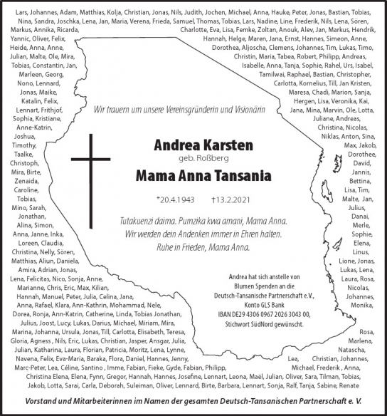Traueranzeige von Andrea Karsten  von Hamburger Tageszeitungen und Anzeigenblättern der FUNKE Mediengruppe