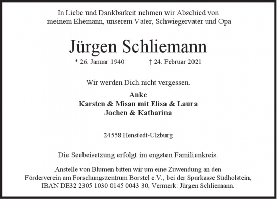 Traueranzeige von Jürgen Schliemann  von Hamburger Tageszeitungen und Anzeigenblättern der FUNKE Mediengruppe