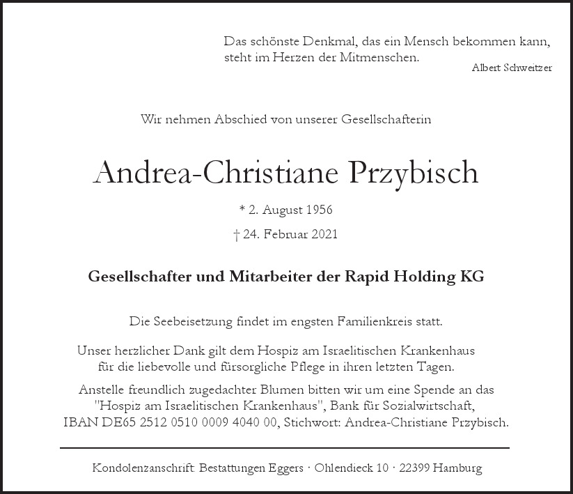  Traueranzeige für Andrea-Christiane  Przybisch  vom 06.03.2021 aus Hamburger Tageszeitungen und Anzeigenblättern der FUNKE Mediengruppe
