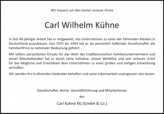 Traueranzeige von Carl Wilhelm Kühne  von Hamburger Tageszeitungen und Anzeigenblättern der FUNKE Mediengruppe