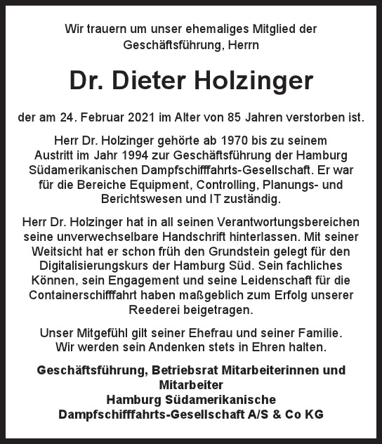 Traueranzeige von Dieter  Holzinger  von Hamburger Tageszeitungen und Anzeigenblättern der FUNKE Mediengruppe