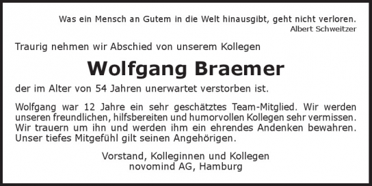 Traueranzeige von Wolfgang Braemer  von Hamburger Tageszeitungen und Anzeigenblättern der FUNKE Mediengruppe